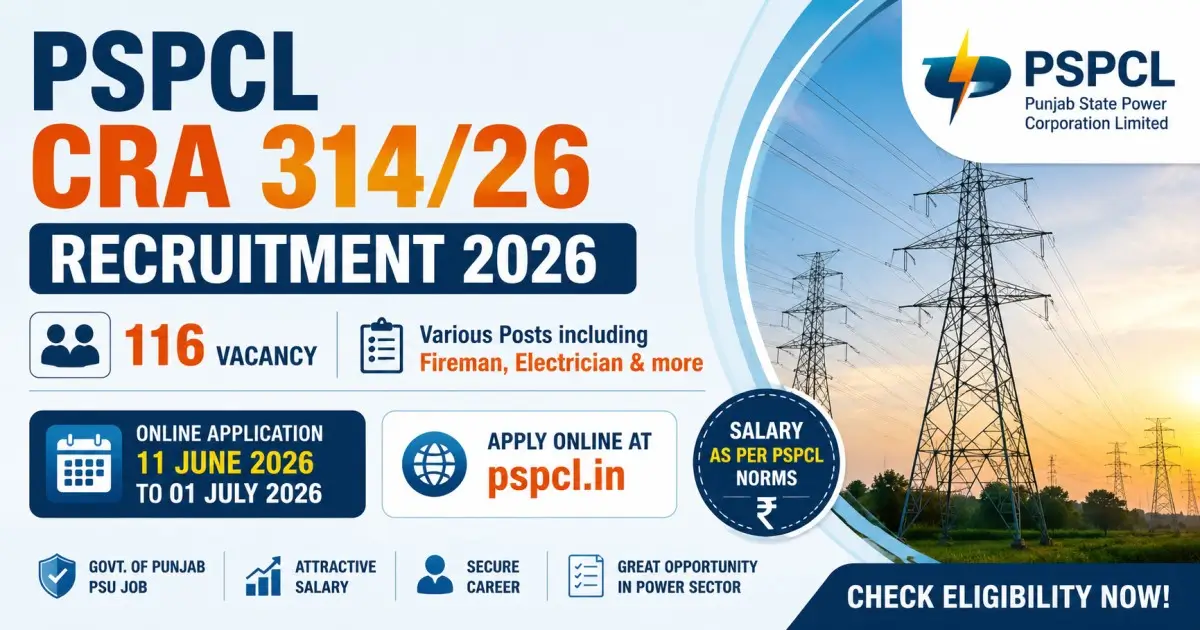 PSPCL CRA 314/26 Recruitment 2026 - 116 Vacancy, Salary, Last Date